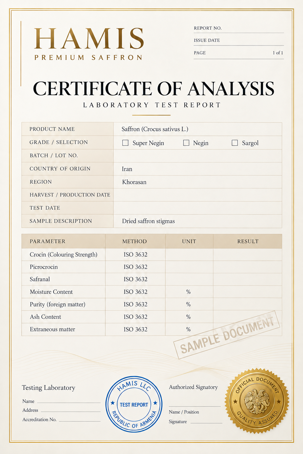 Sample certificate of analysis document