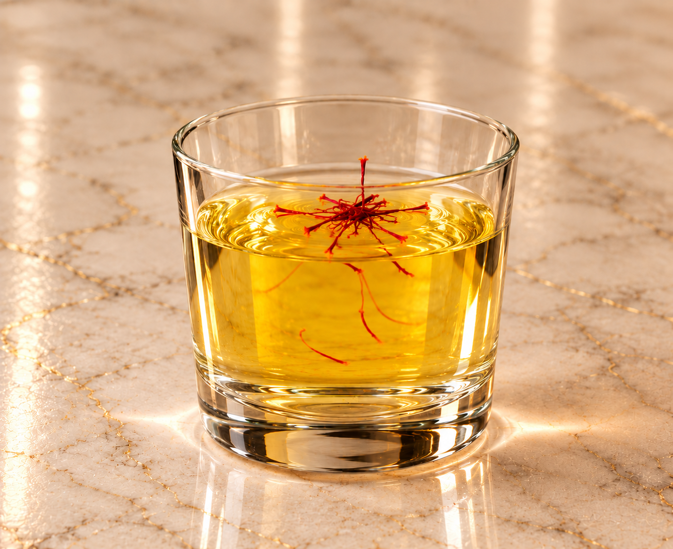 A clear golden saffron infusion with visible threads