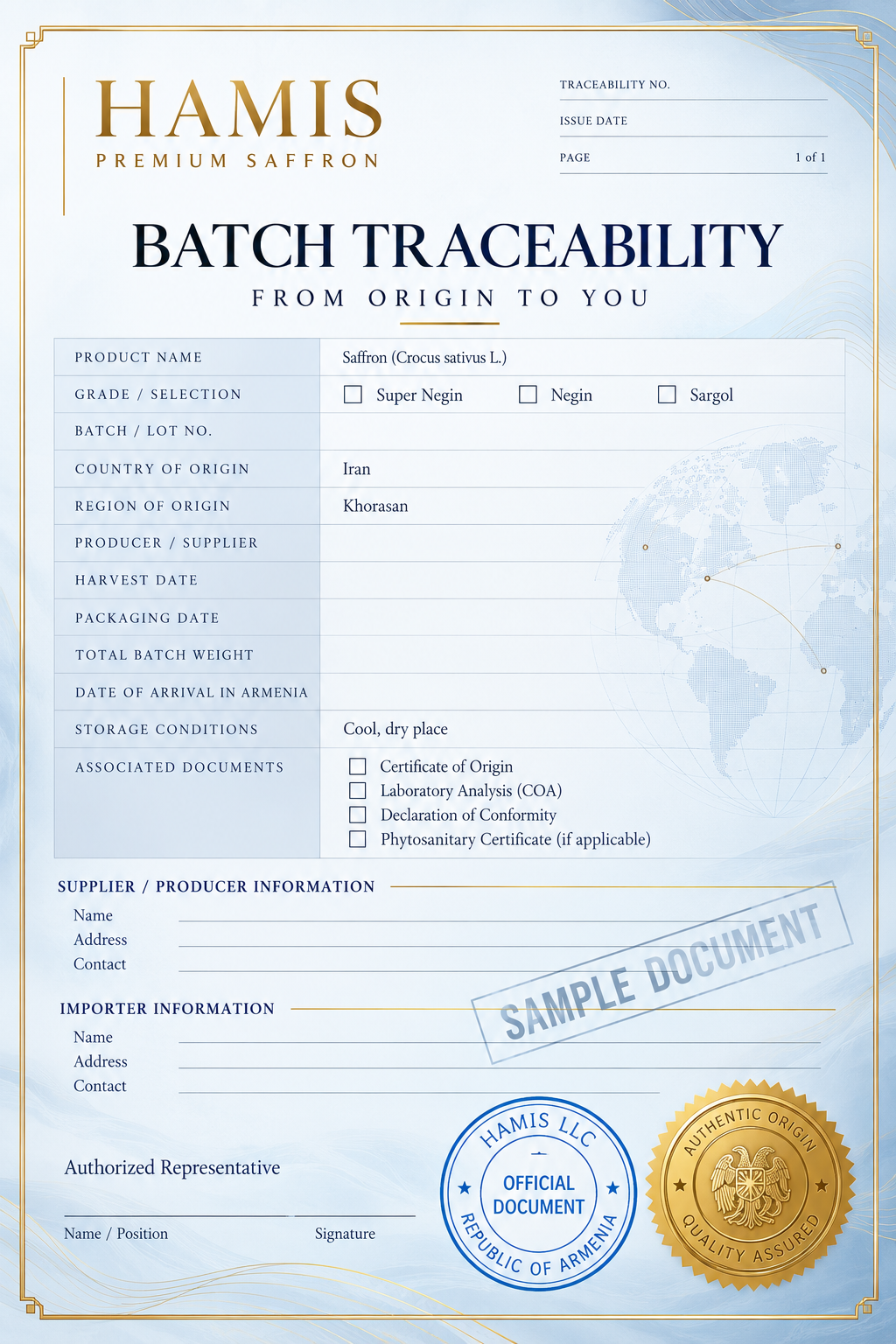 Sample batch traceability document