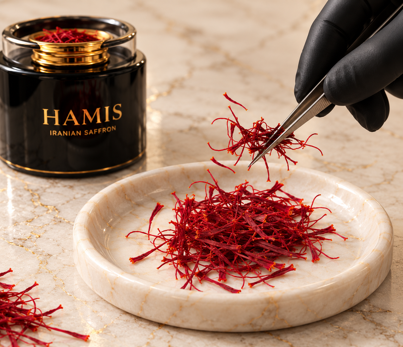 A few dried saffron threads being taken from a container
