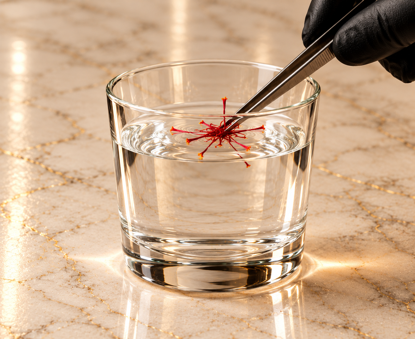 Saffron threads placed in a glass of cool clear water