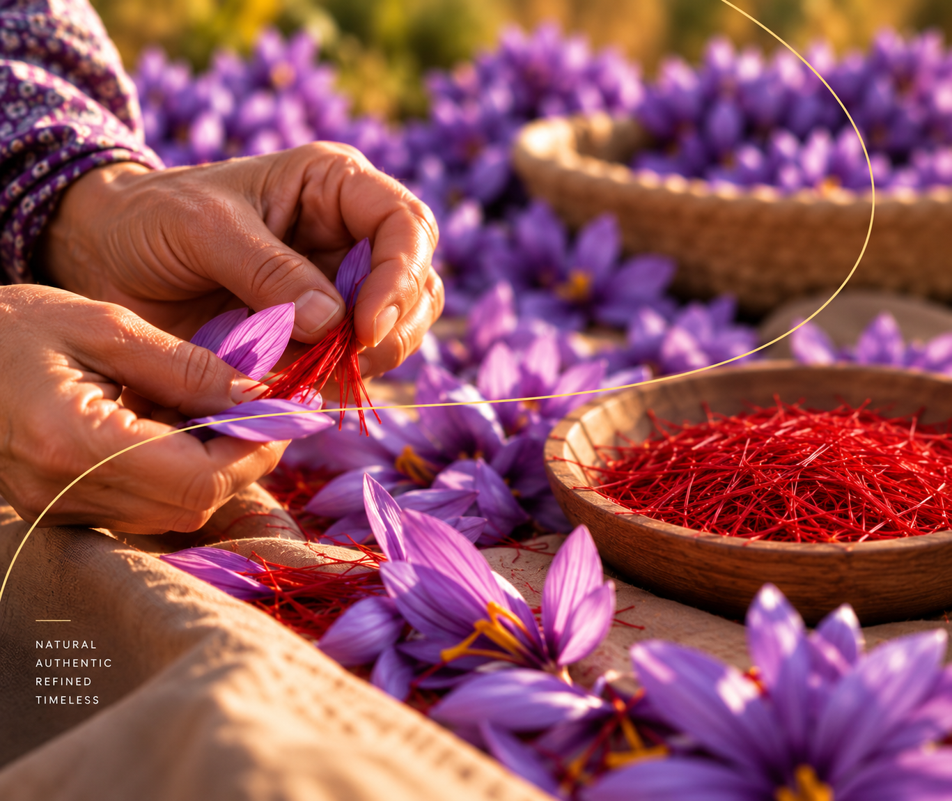 Hands separating the red stigmas from freshly harvested crocus flowers beside a wooden bowl of fine saffron threads