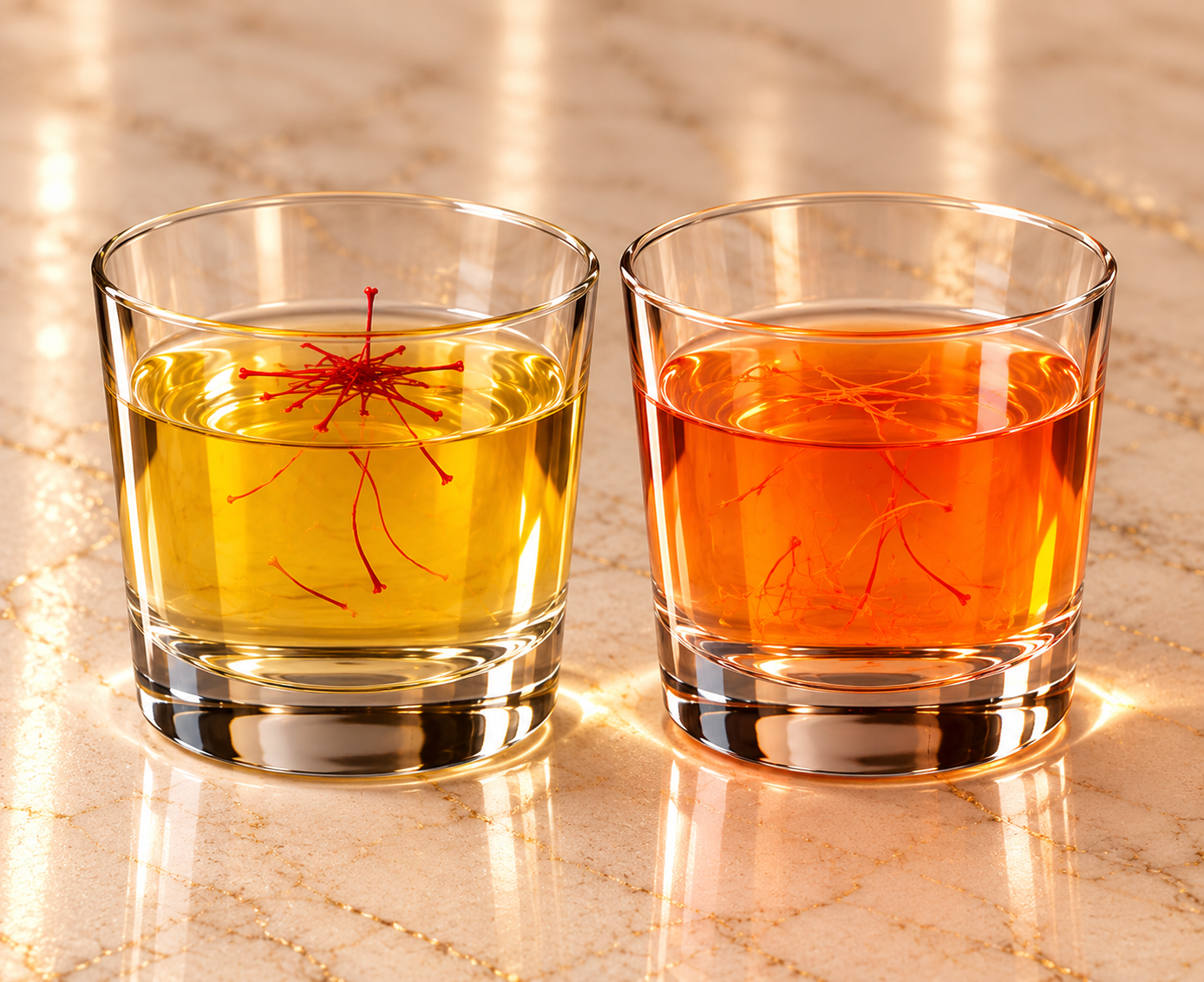 Two glasses of water side by side comparing genuine saffron and artificially dyed material
